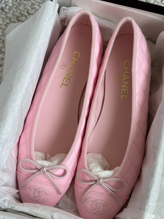 CHANEL Shoes - CHANEL denim Light Pink Quilted Ballerina Flats